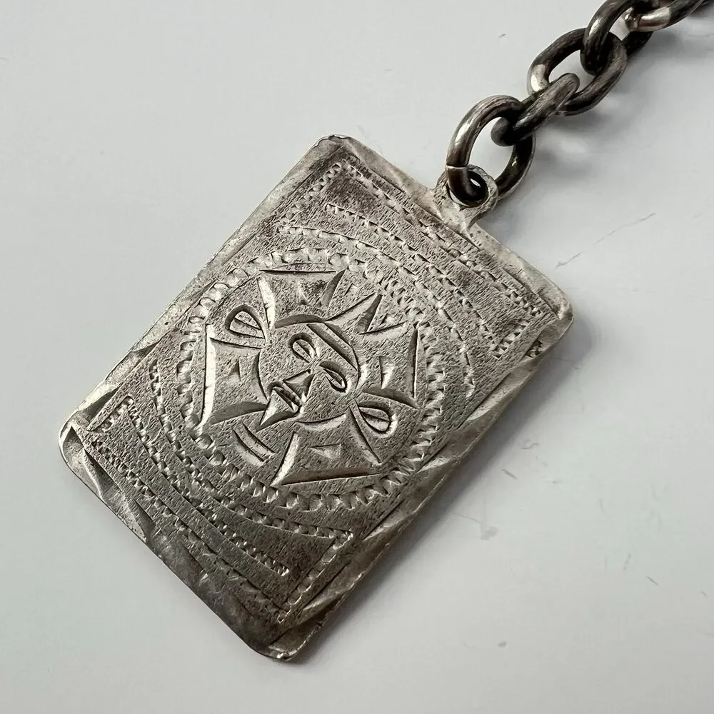 Vtg Sterling Silver 925 Mexico Rectangle Mayan Calendar Aztec Face Keychain